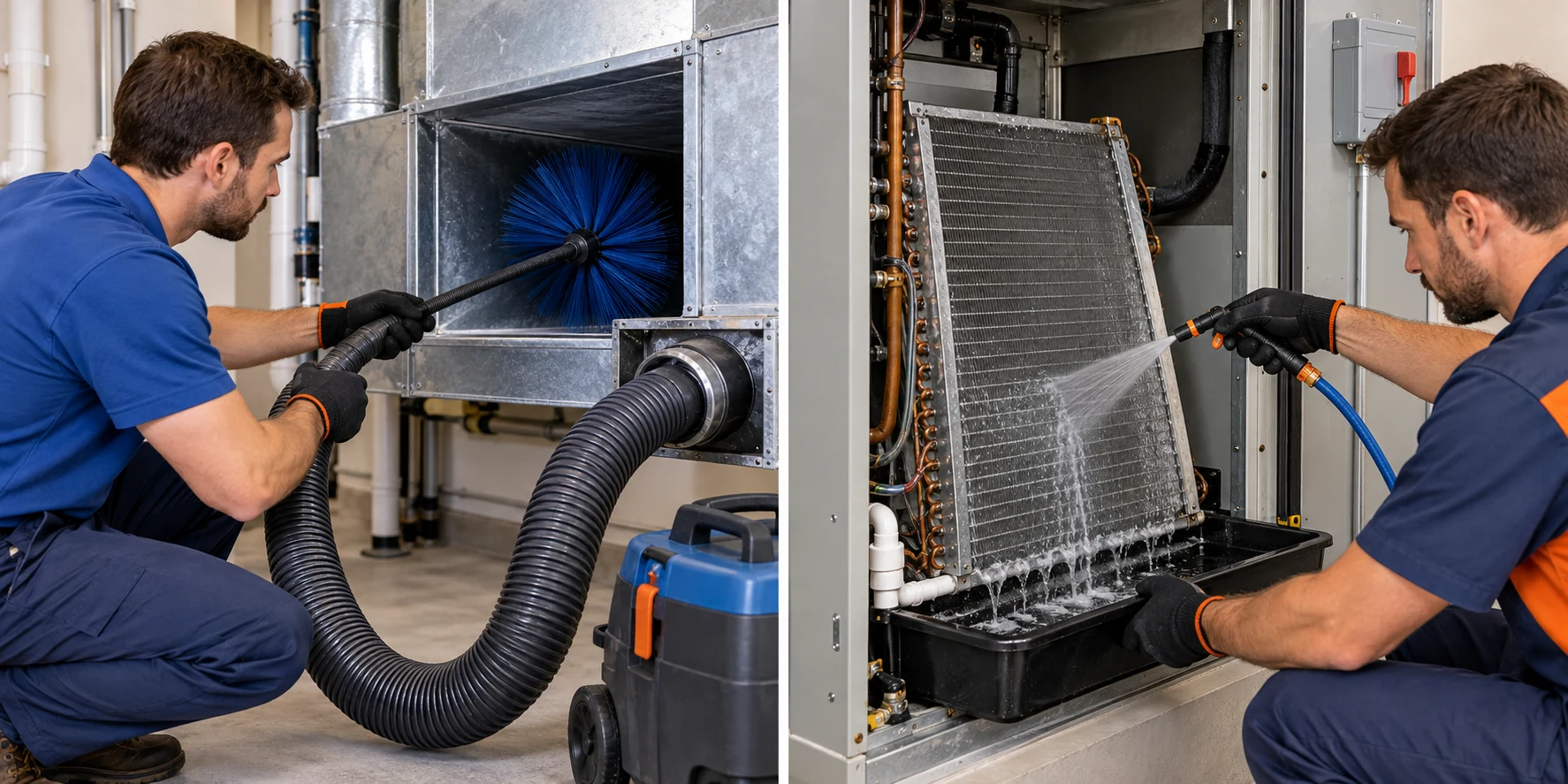 A skilled technician working on air conditioning system maintenance indoors.