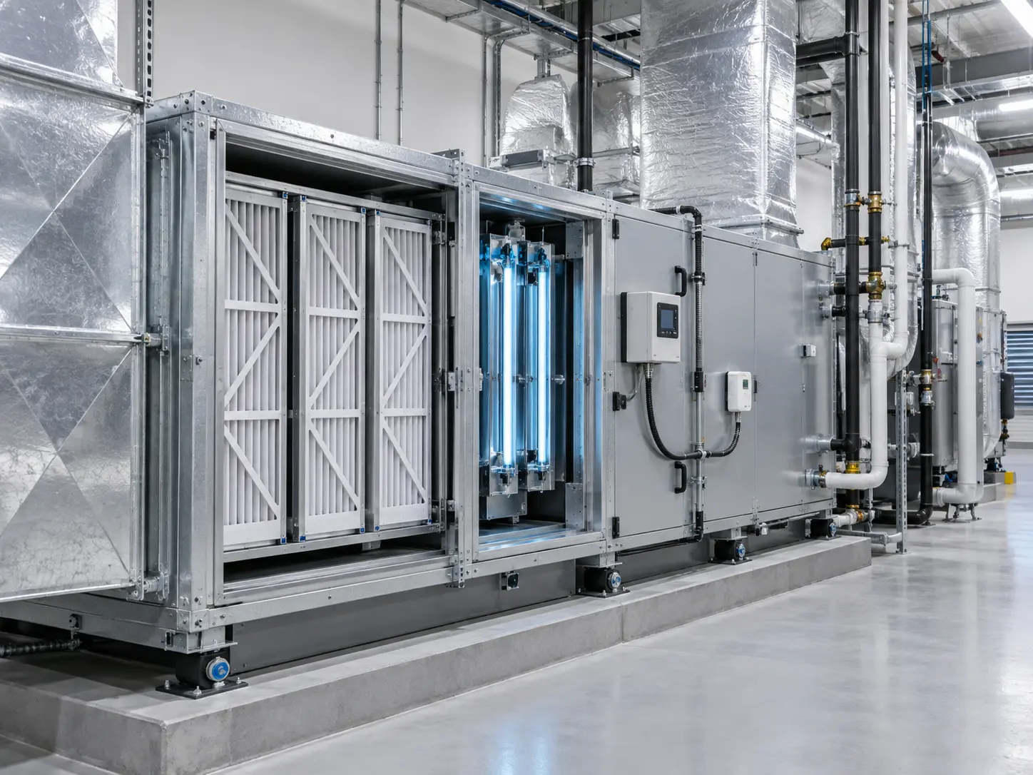 Commercial indoor-air-quality air handler with filters, UV air cleaning, and monitoring controls.