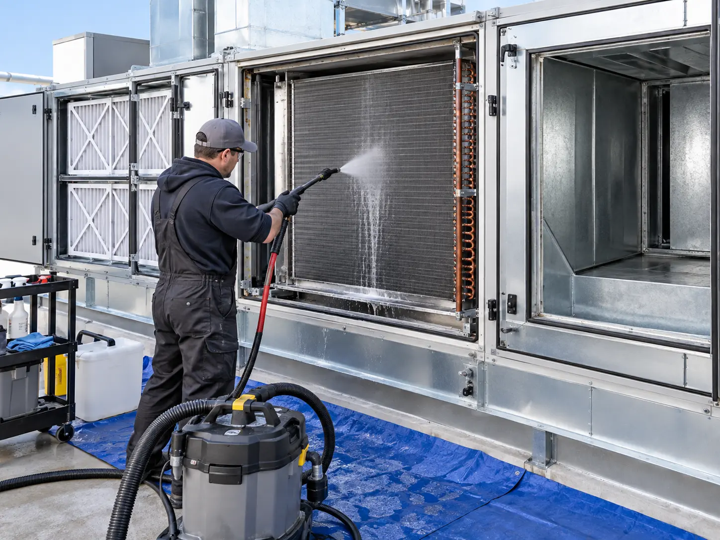 Commercial air-handler coil and filter cleaning with professional protective setup.