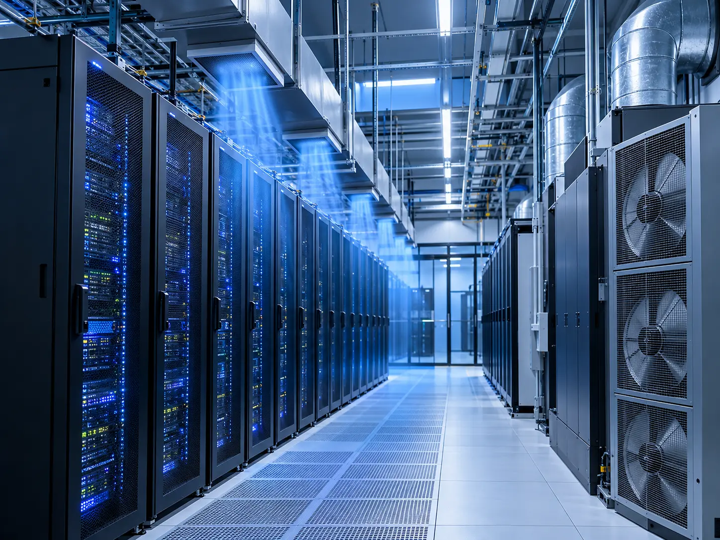 Data center cooling aisle with precision cooling units, overhead airflow, and server racks.