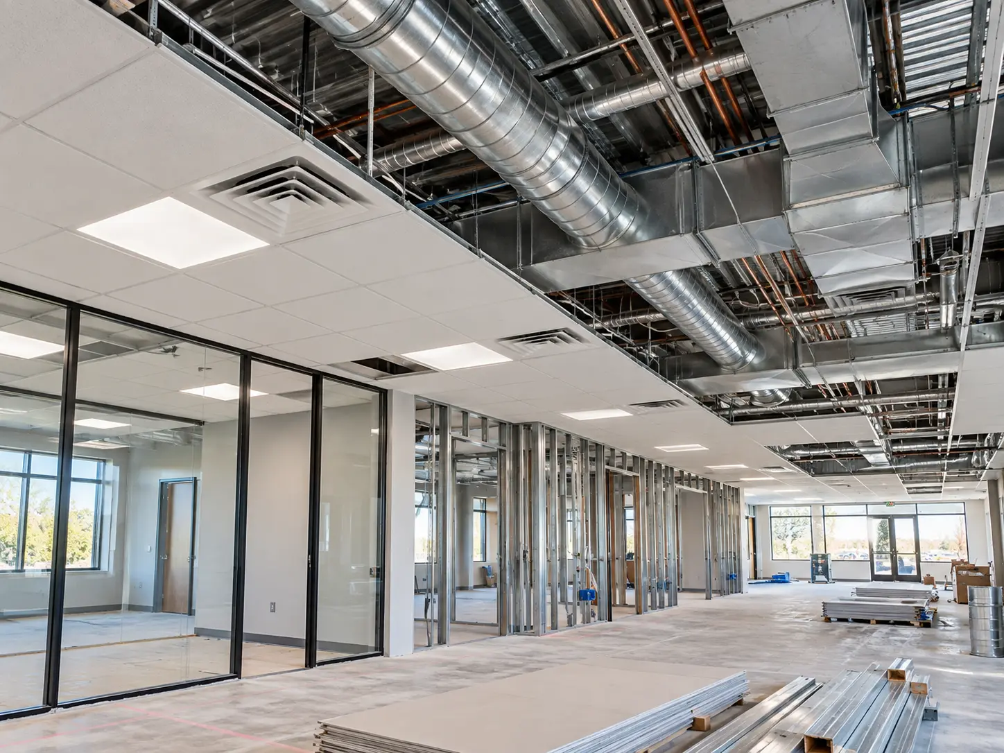 Commercial tenant build-out with ceiling diffusers, ductwork, and HVAC coordination.