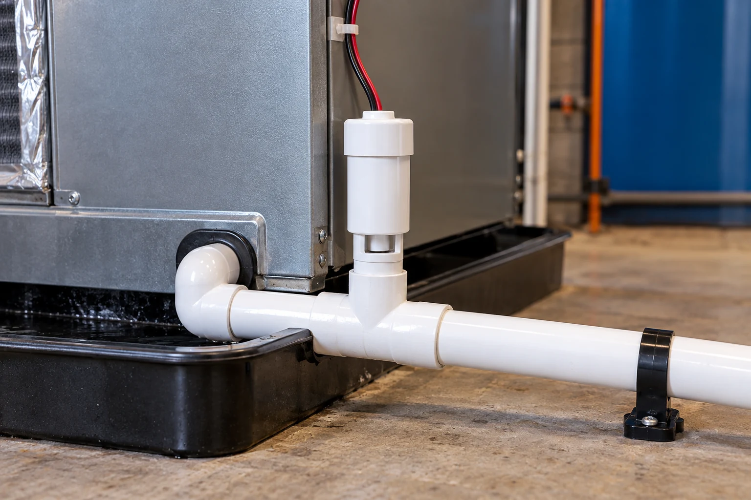 AC drain piping shown for drainage context, not the float switch itself.
