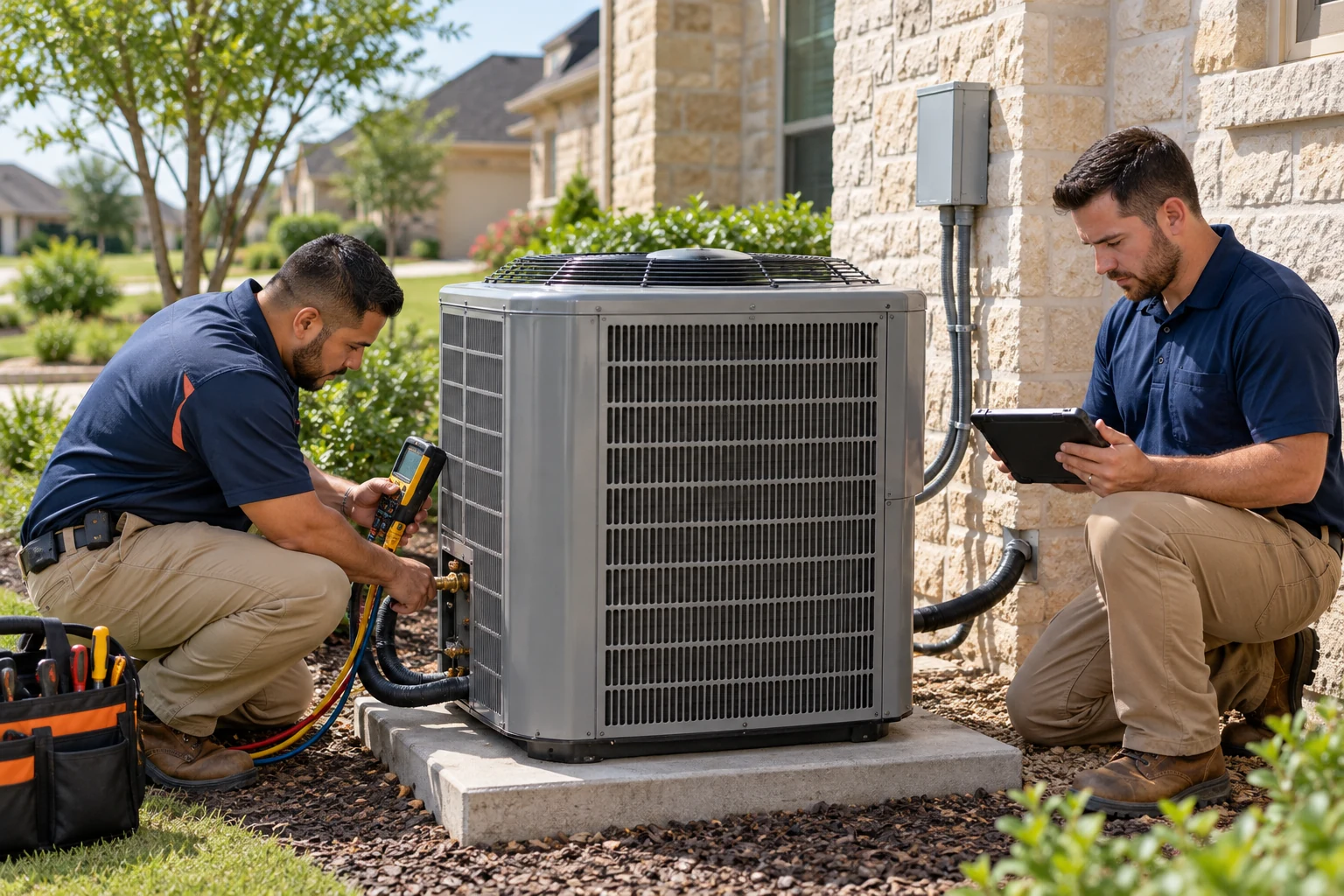 A technician skillfully repairing an outdoor air conditioning unit mounted on a building wall.