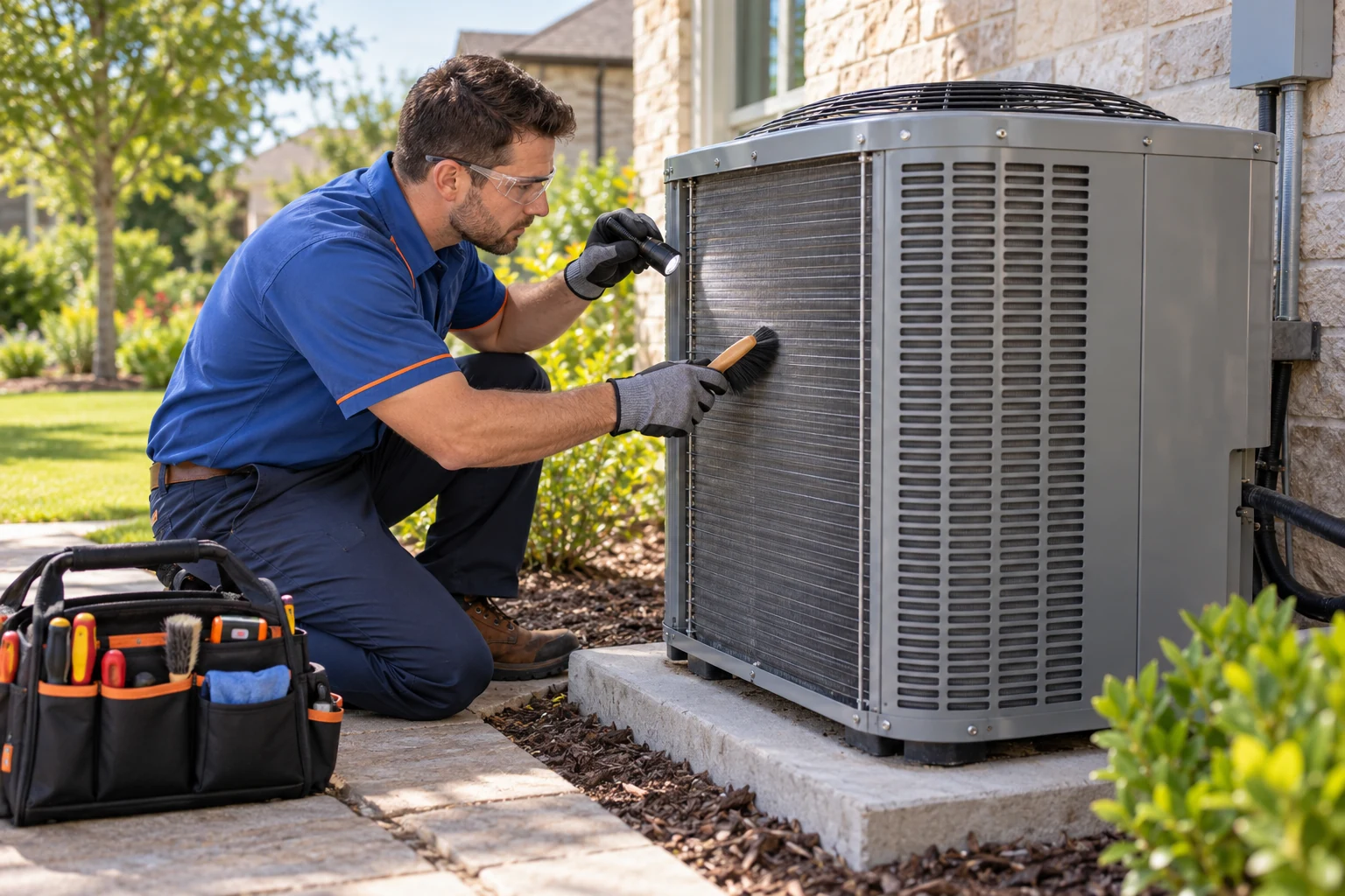 A technician checks and repairs an HVAC system outdoors using tools and gauges.