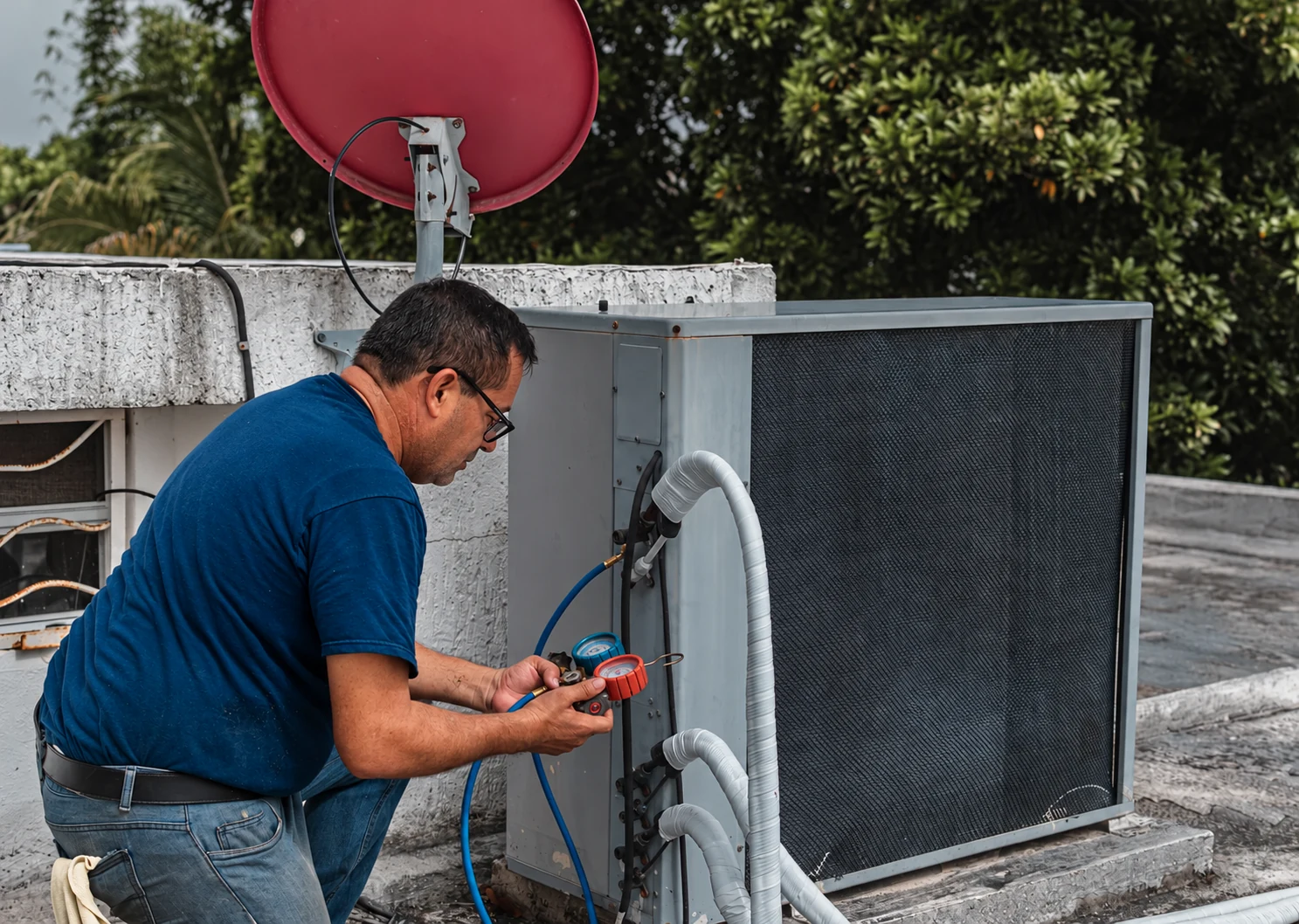 Technician checking an outdoor air conditioner