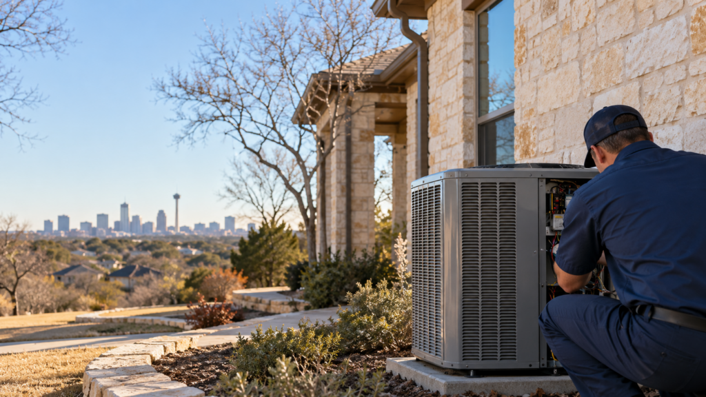 Technician inspecting a residential HVAC unit during winter in San Antonio