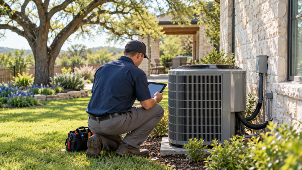 HVAC technician performing spring maintenance on an outdoor air conditioner
