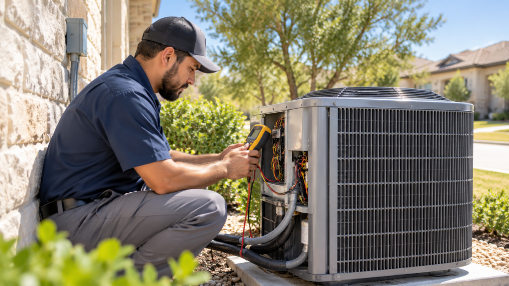 HVAC technician diagnosing a residential AC that is blowing warm air in San Antonio