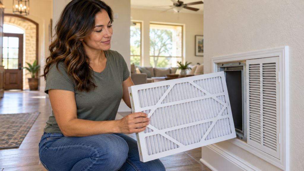 Homeowner holding a clean HVAC air filter beside a return grille