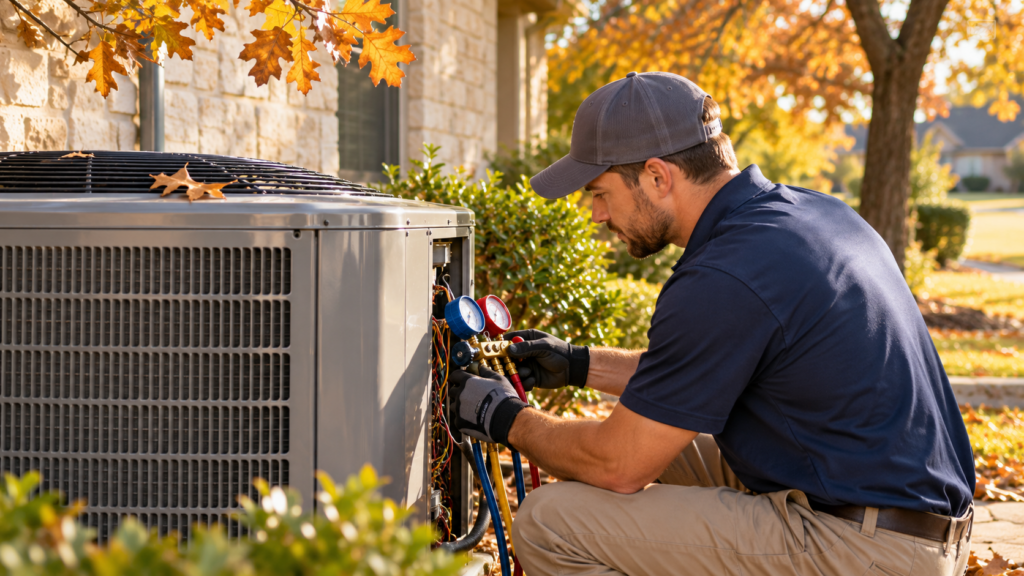 Technician inspecting AC condensate drainage equipment at a San Antonio home