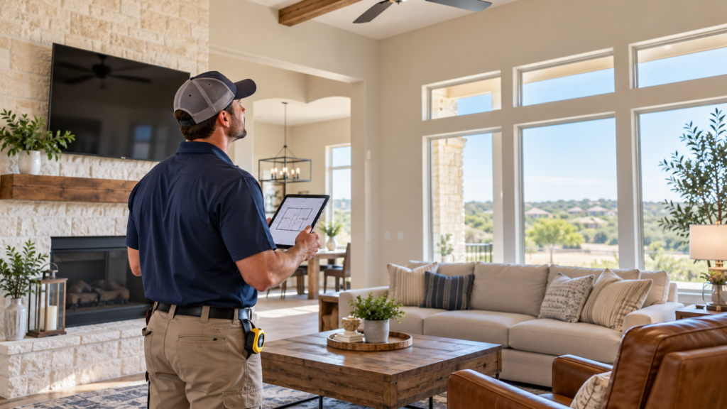HVAC technician measuring outdoor AC unit capacity for a San Antonio home