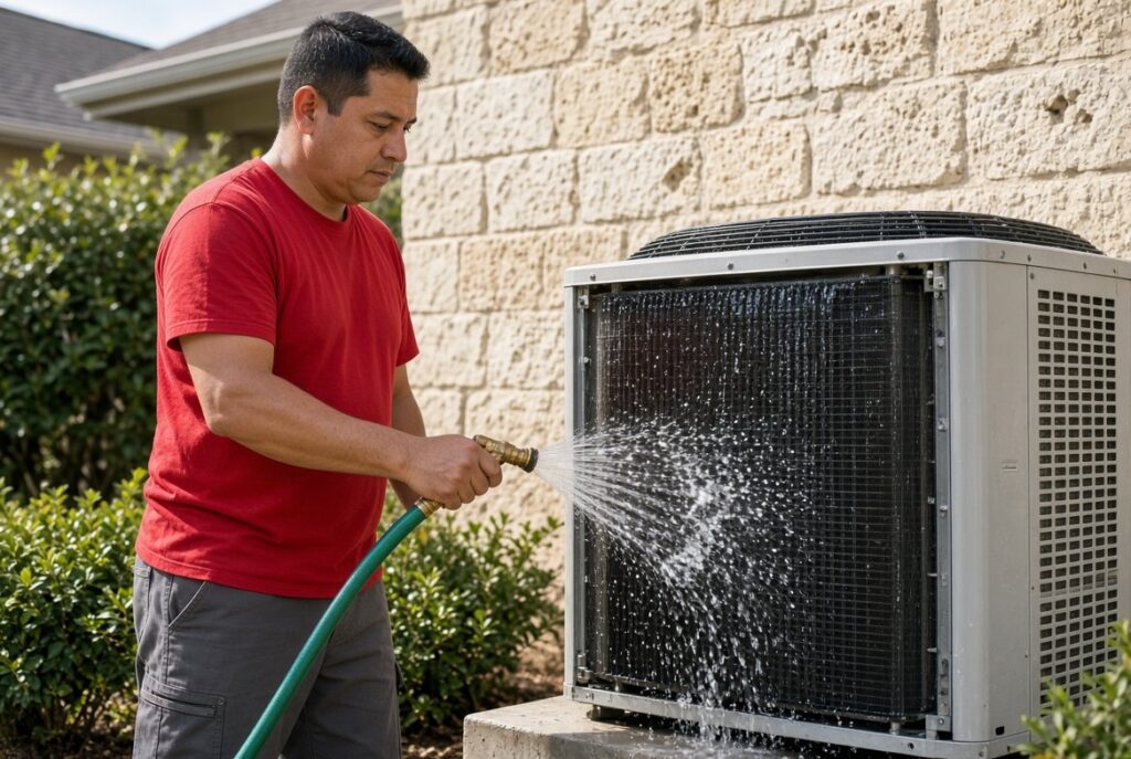 HVAC technician in a red T-shirt cleaning an outdoor AC condenser coil at a San Antonio home