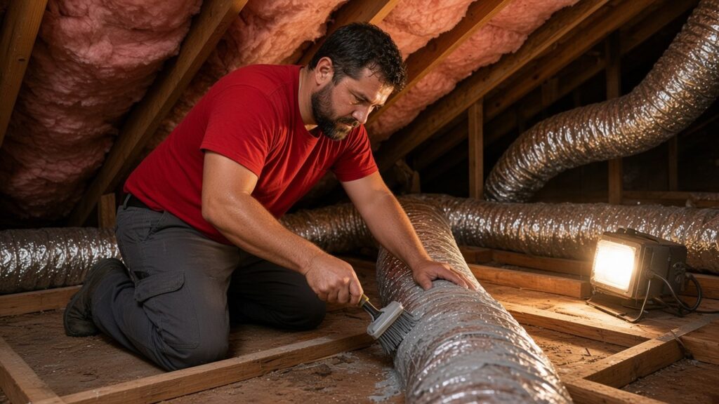 HVAC technician in a red T-shirt sealing attic ductwork in a San Antonio home