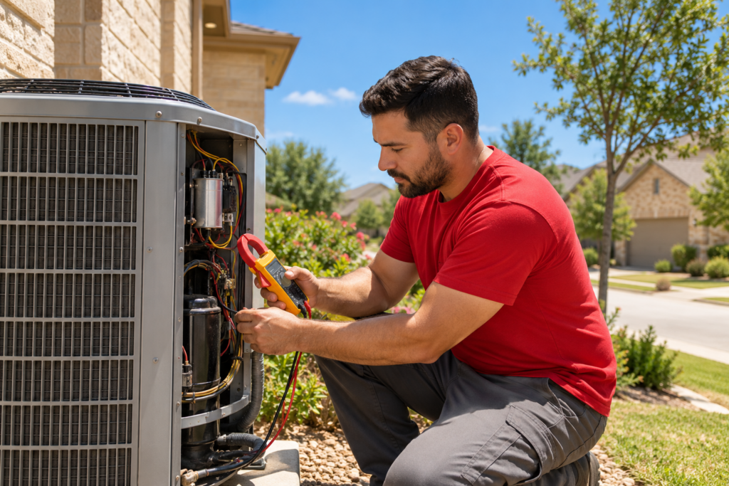 HVAC technician in a red T-shirt testing an outdoor AC compressor in San Antonio