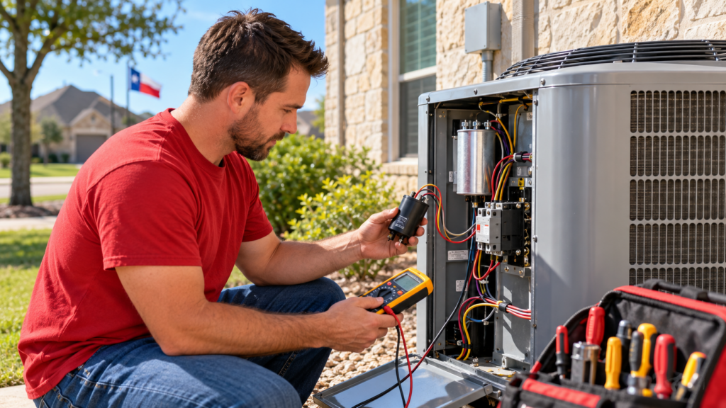 HVAC technician in a red T-shirt diagnosing AC start components in San Antonio