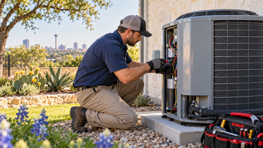 HVAC technician performing heat pump maintenance at a San Antonio home