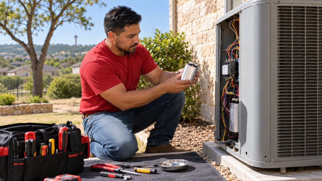 HVAC technician in a red T-shirt replacing an AC capacitor in San Antonio