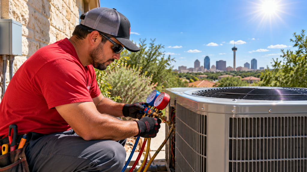 HVAC technician in a red T-shirt tuning up an AC unit before San Antonio summer heat