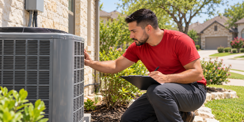 HVAC technician in a red T-shirt inspecting an outdoor air conditioner at a San Antonio home