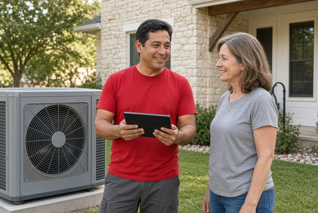 HVAC technician in a red T-shirt reviewing a maintenance checklist with a San Antonio homeowner